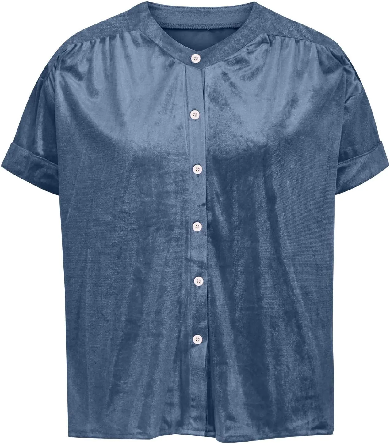 Tops for Women Lapel V Neck Solid Shirt Summer Velvet Tee Shirts Casual Roll Up Short Sleeve Button Down Blouses
