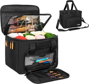 TORIBIO Knitting Bag Yarn Storage Tote, Large Crochet Organizer with 6 Removable Dividers, Yarn Holder Case for Unfinished Project, Knitting Needles, Crochet Hooks, 14.2" x9.8" x11"
