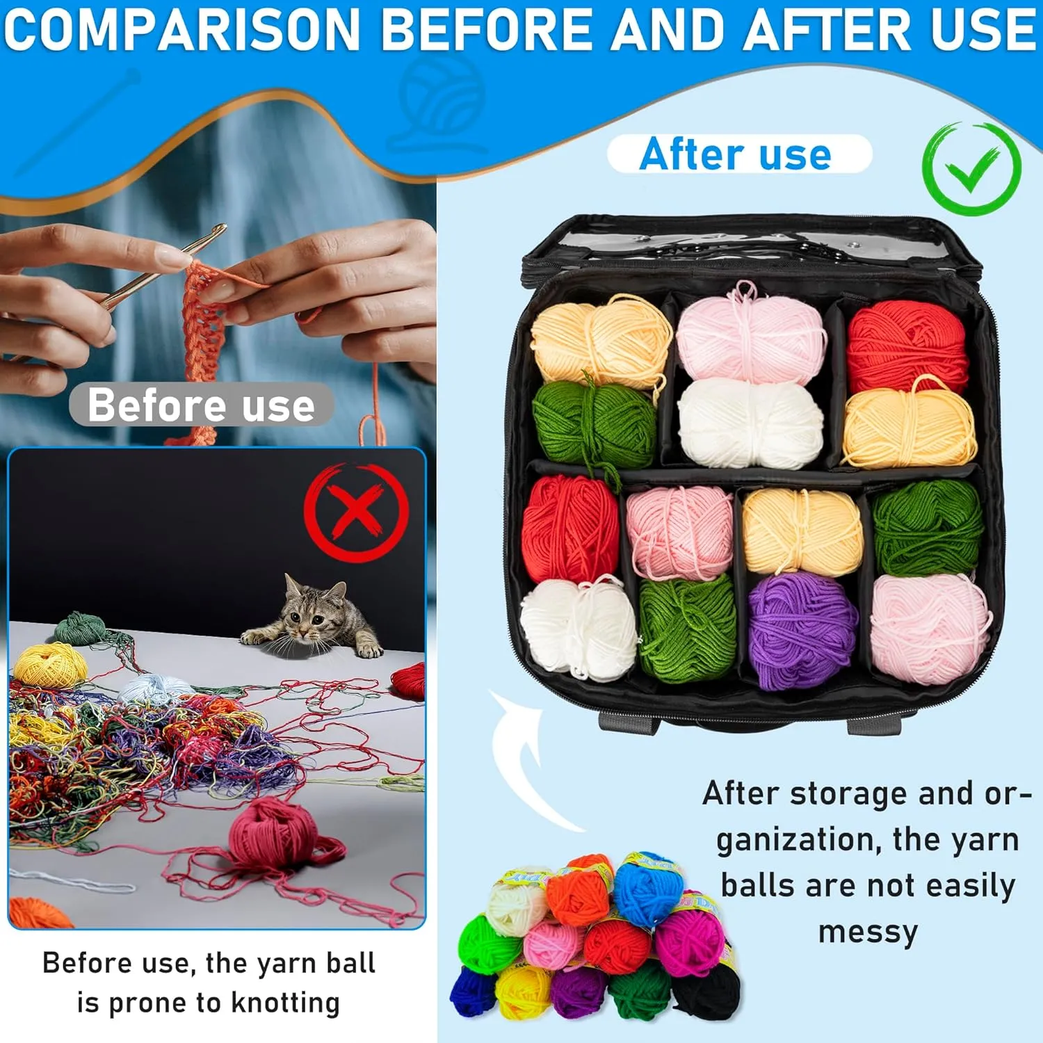 TORIBIO Knitting Bag Yarn Storage Tote, Large Crochet Organizer with 6 Removable Dividers, Yarn Holder Case for Unfinished Project, Knitting Needles, Crochet Hooks, 14.2" x9.8" x11"