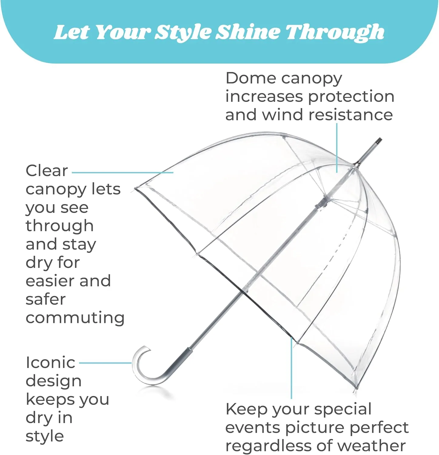 totes Adult Clear Bubble Umbrella with Dome Canopy and Lightweight Wind and Rain Protection