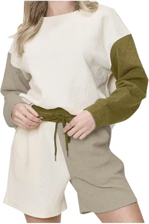 Tracksuit for Women 2 Piece Textured Sweatsuit Matching Short Pants Fashion Color Patchwork Lounge Sets