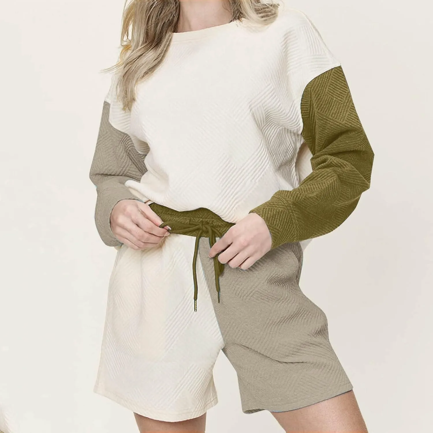 Tracksuit for Women 2 Piece Textured Sweatsuit Matching Short Pants Fashion Color Patchwork Lounge Sets