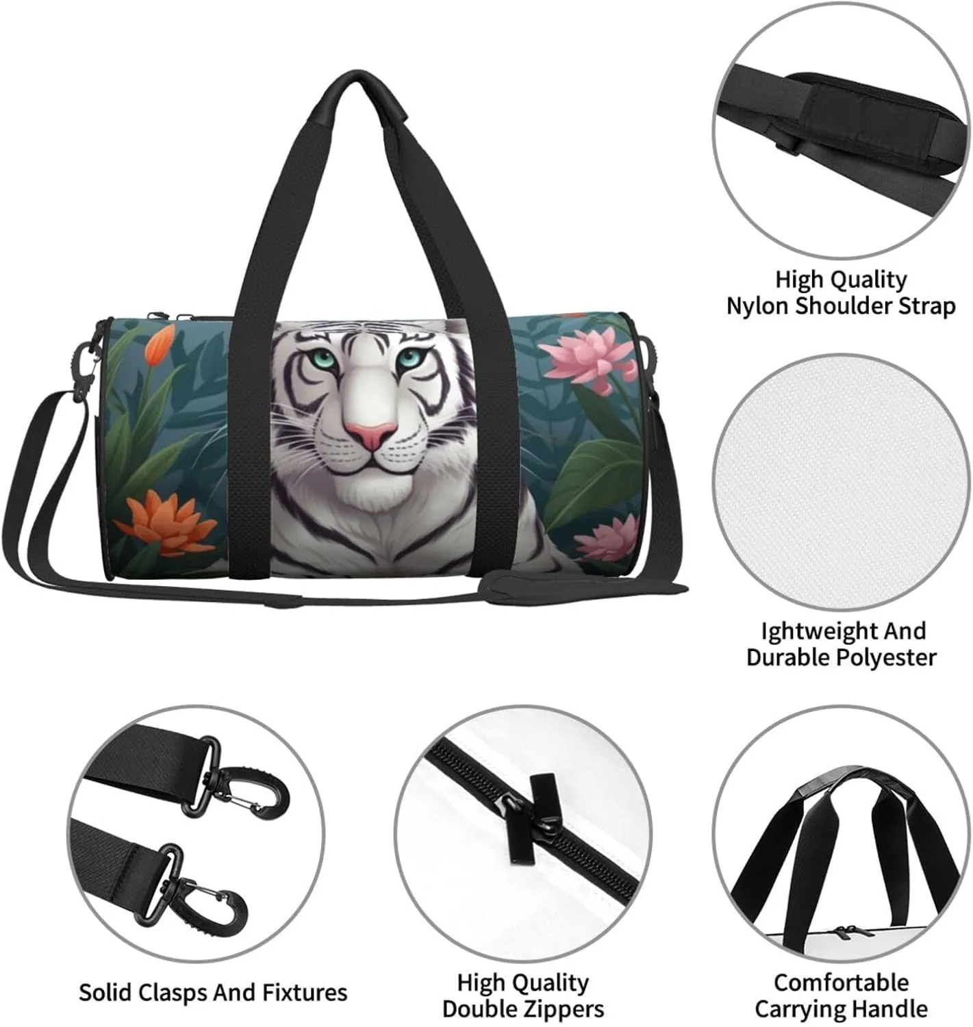 Travel Bag For Women,Cute White Tiger Print Personal Item Duffle Bags,Weekend Travel Duffel Tote Bag,Travel Sport Gym Bag For Men,Airplane Travel Essentials For Flying