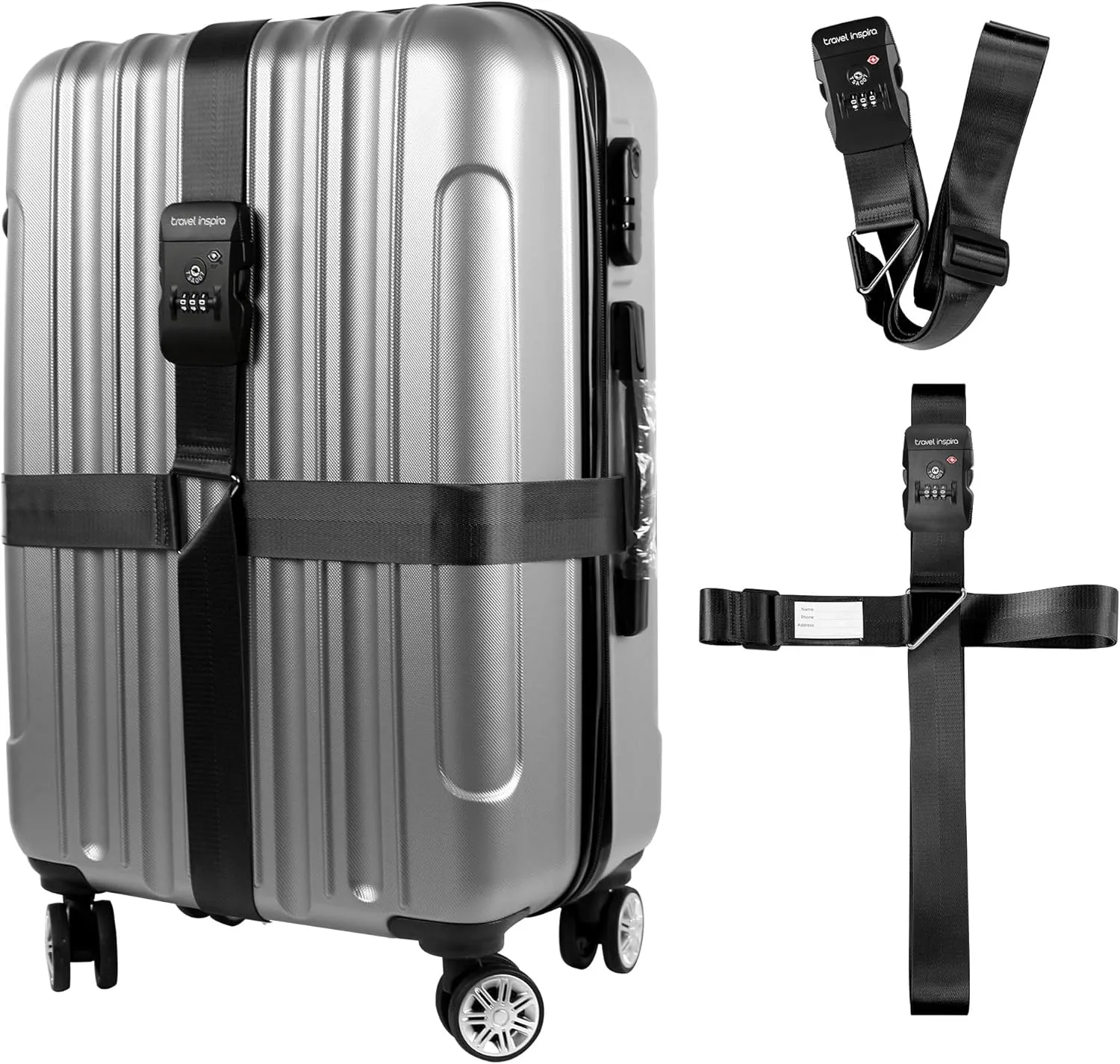 Travel Inspira Luggage Straps TSA Approved Suitcase Belt Adjustable Length 3-Dial Combination Lock and Cross Luggage Suitcase Security - Black