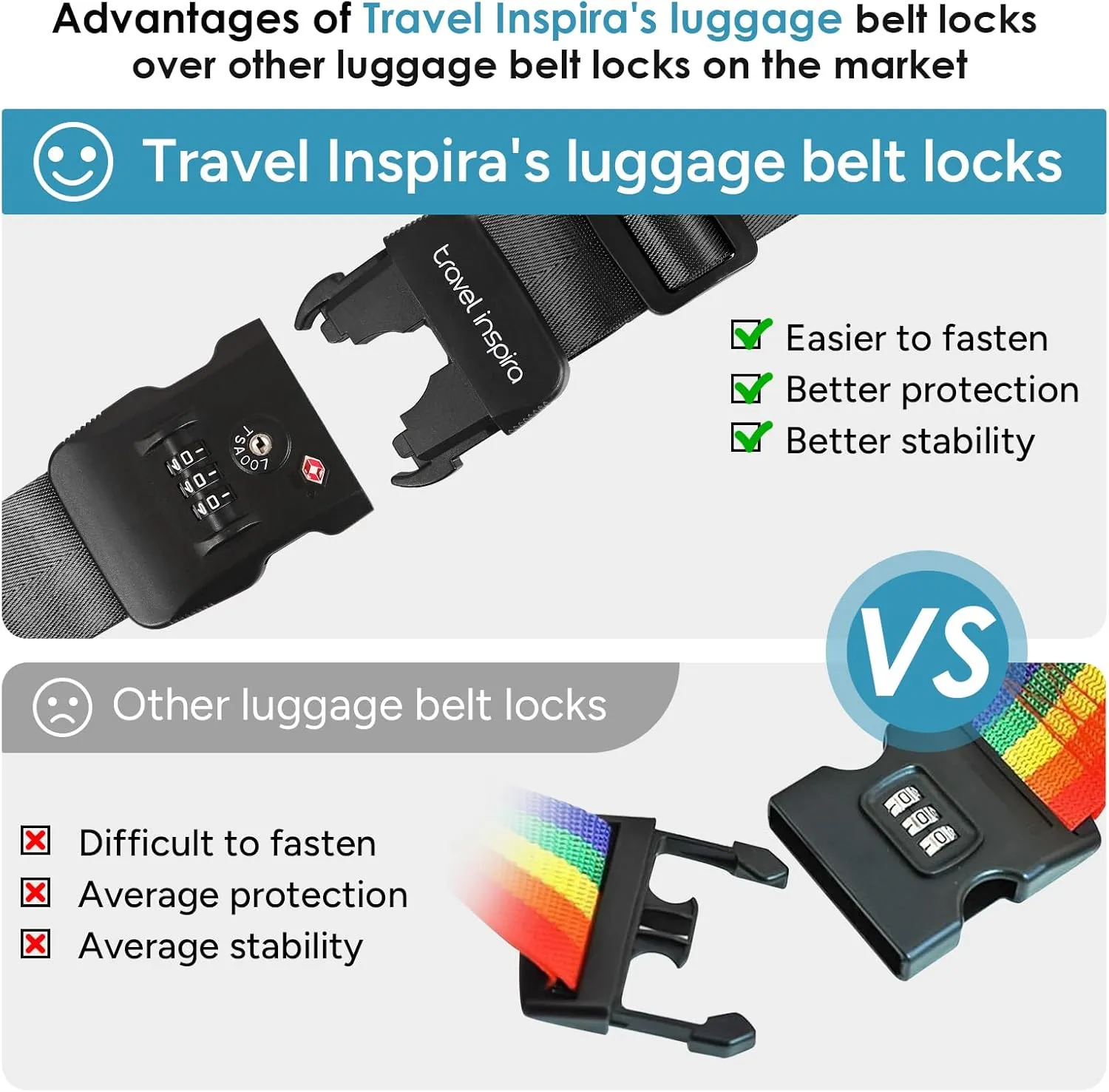 Travel Inspira Luggage Straps TSA Approved Suitcase Belt Adjustable Length 3-Dial Combination Lock and Cross Luggage Suitcase Security - Black