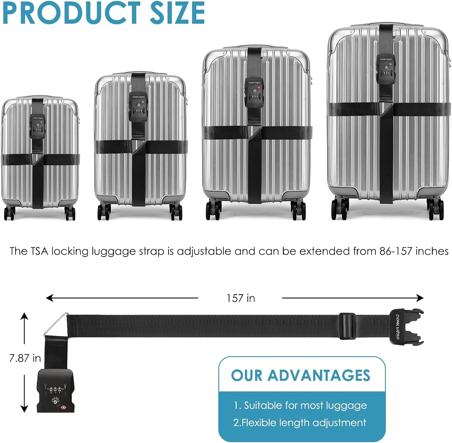 Travel Inspira Luggage Straps TSA Approved Suitcase Belt Adjustable Length 3-Dial Combination Lock and Cross Luggage Suitcase Security - Black