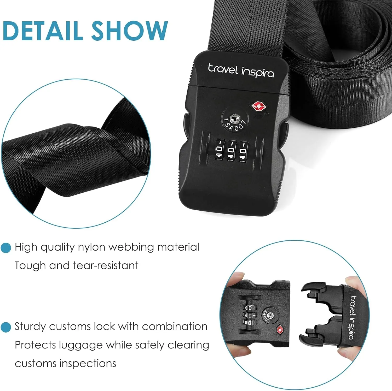 Travel Inspira Luggage Straps TSA Approved Suitcase Belt Adjustable Length 3-Dial Combination Lock and Cross Luggage Suitcase Security - Black