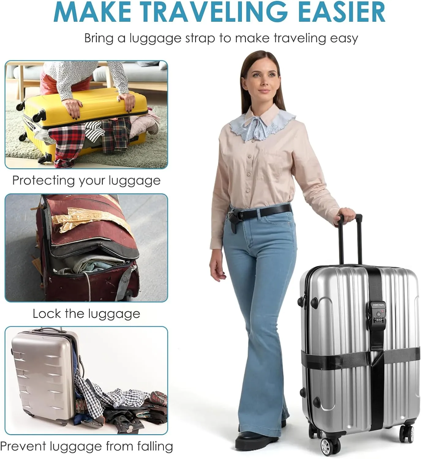 Travel Inspira Luggage Straps TSA Approved Suitcase Belt Adjustable Length 3-Dial Combination Lock and Cross Luggage Suitcase Security - Black