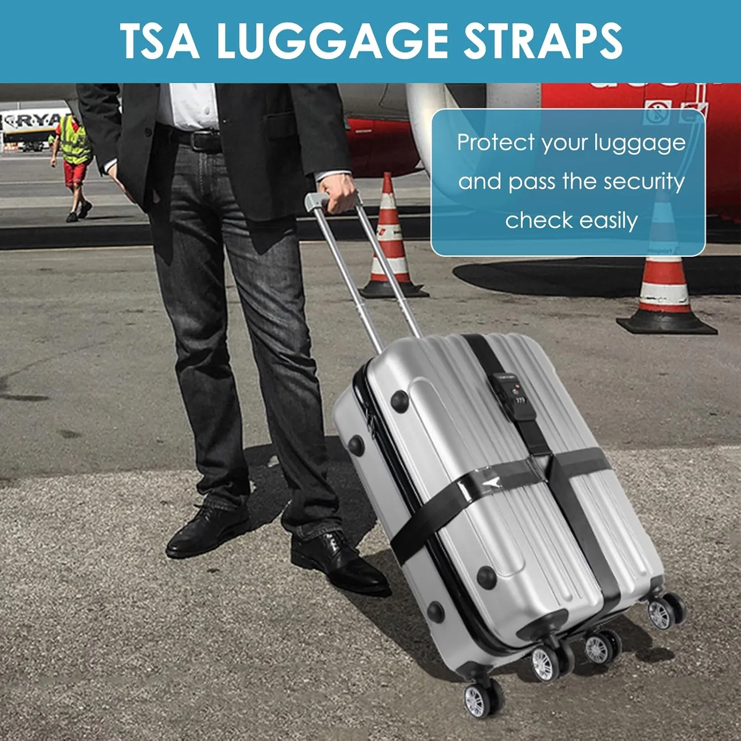 Travel Inspira Luggage Straps TSA Approved Suitcase Belt Adjustable Length 3-Dial Combination Lock and Cross Luggage Suitcase Security - Black