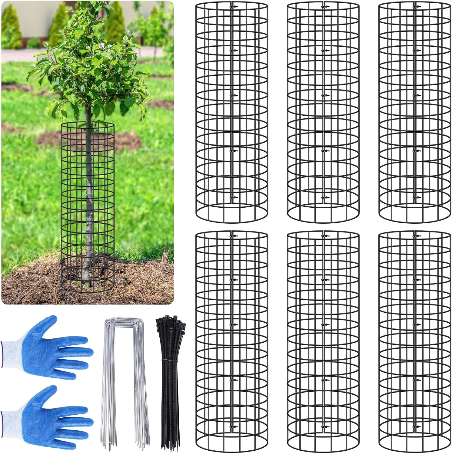 Tree Trunk Protector, 6p Metal Mesh Tree Bark Protector with Zip Ties & Metal Stakes, 4.26'' Dia X 16.5'' H Plant Guard Protectors for Preventing Deer Rabbit Rodents Mowers Trimmers (Black)