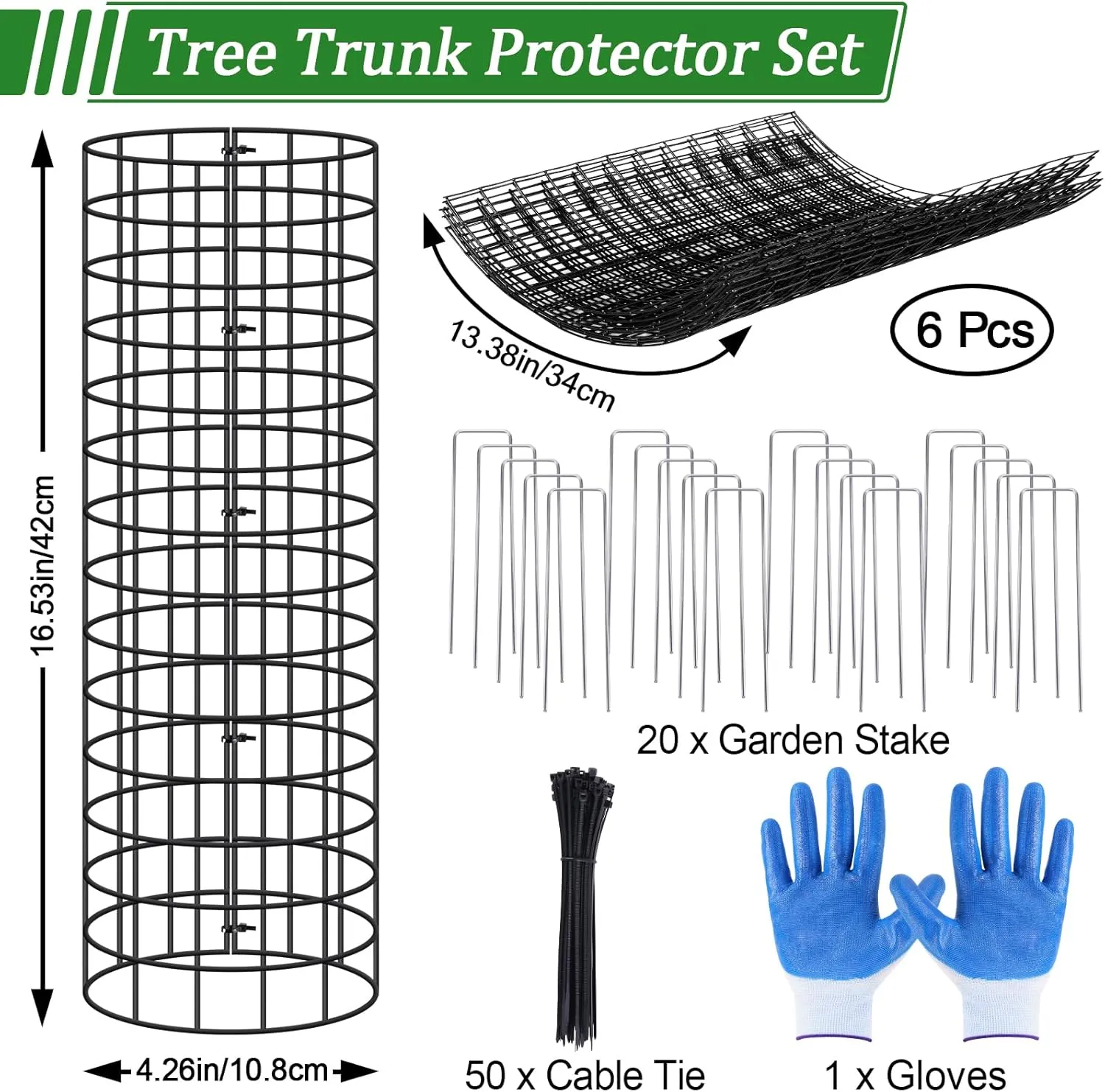 Tree Trunk Protector, 6p Metal Mesh Tree Bark Protector with Zip Ties & Metal Stakes, 4.26'' Dia X 16.5'' H Plant Guard Protectors for Preventing Deer Rabbit Rodents Mowers Trimmers (Black)