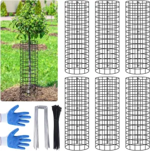 Tree Trunk Protector, 6p Metal Mesh Tree Bark Protector with Zip Ties & Metal Stakes, 4.26'' Dia X 16.5'' H Plant Guard Protectors for Preventing Deer Rabbit Rodents Mowers Trimmers (Black)