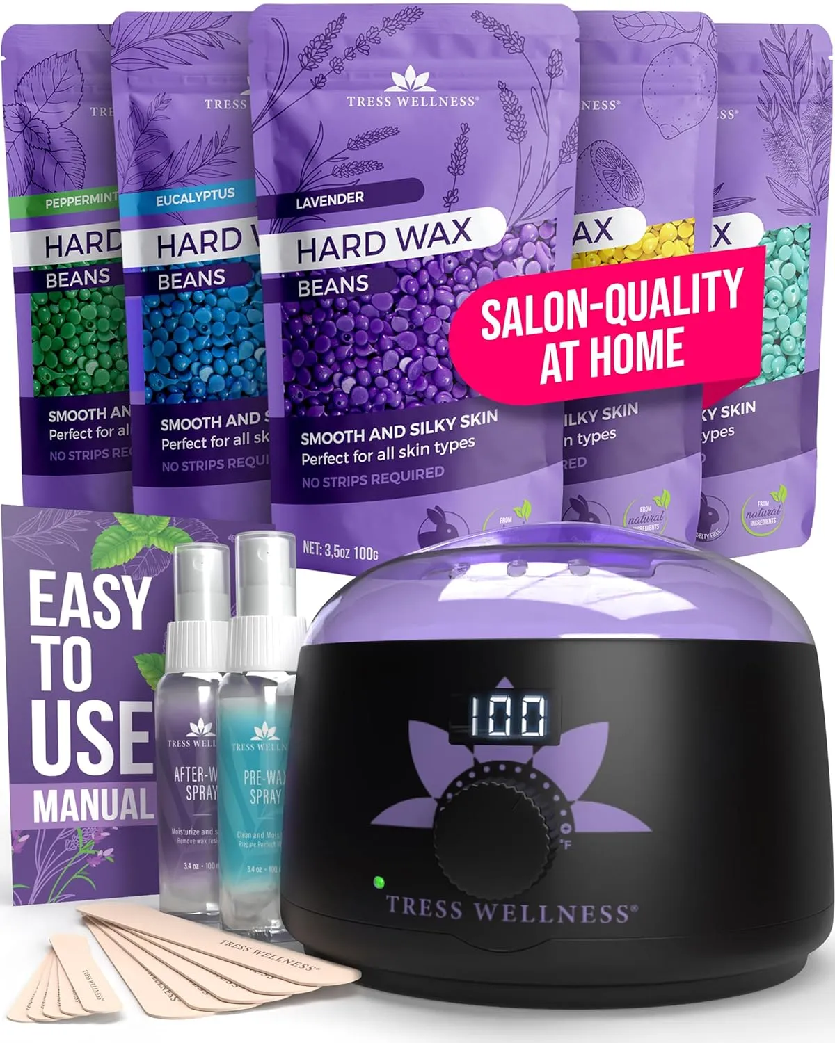 Tress Wellness Waxing Kit for Brazilian Wax - Easy to Use - For Sensitive Skin - Digital Display, Black Purple Flower