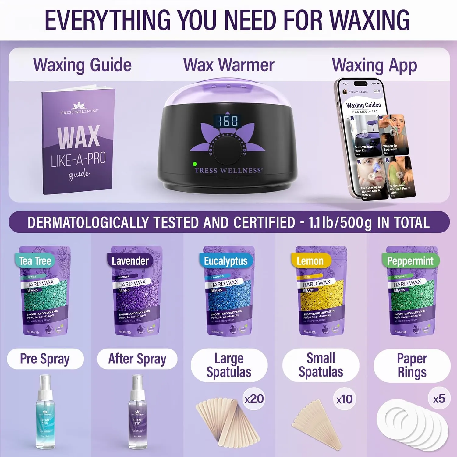 Tress Wellness Waxing Kit for Brazilian Wax - Easy to Use - For Sensitive Skin - Digital Display, Black Purple Flower
