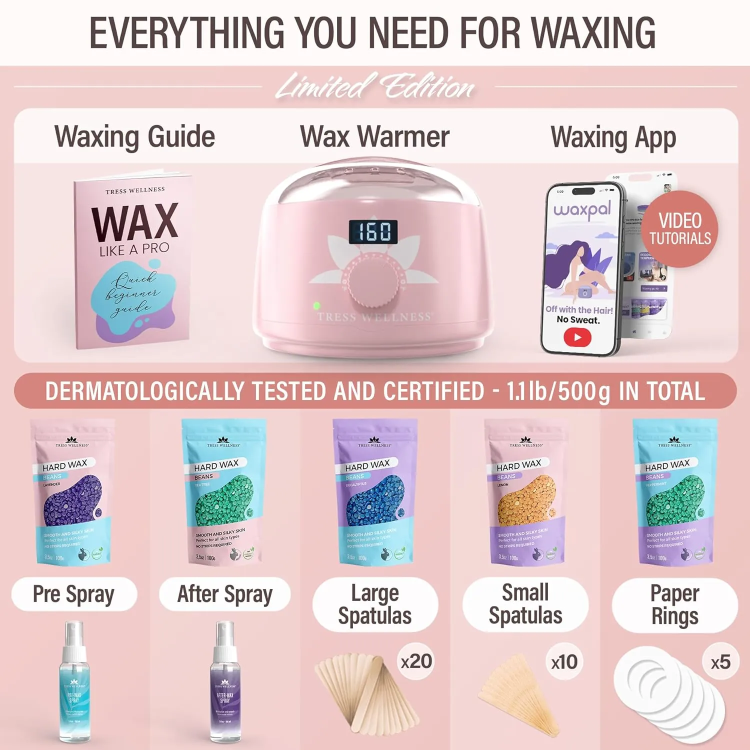 Tress Wellness Waxing Kit for Brazilian Wax - Easy to Use - For Sensitive Skin - Digital Display, Pink
