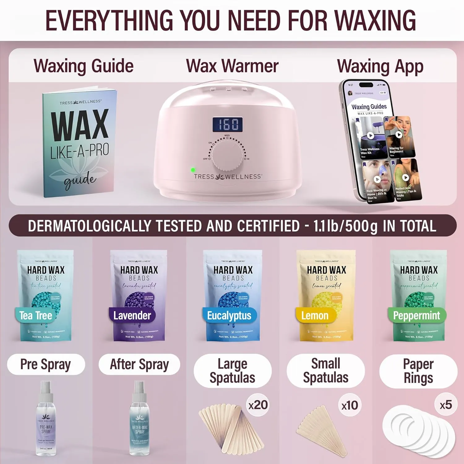 Tress Wellness Waxing Kit for Brazilian Wax - Easy to Use - For Sensitive Skin - Digital Display, Pink