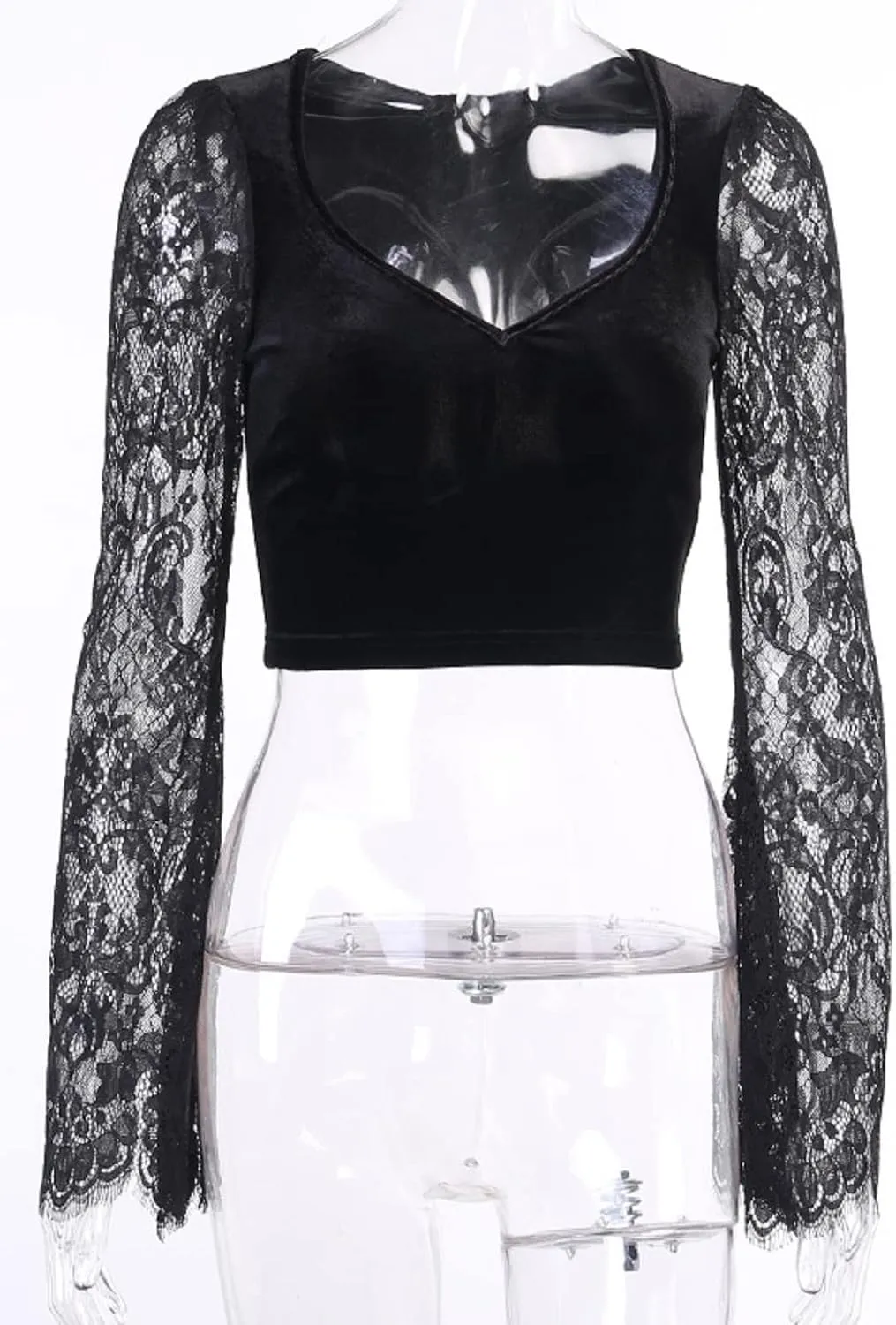 TSMNZMU Womens Gothic Velvet Crop Tops Emo Alt Mall Goth Shirt Punk Harajuku Grunge T Shirt V Neck Lace Long Sleeve Shirt