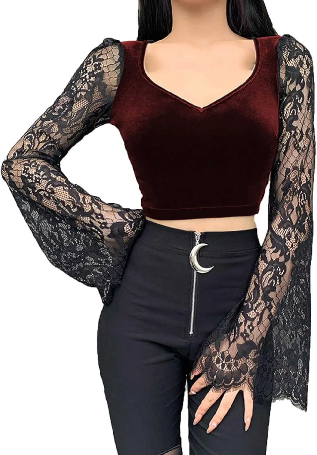 TSMNZMU Womens Gothic Velvet Crop Tops Emo Alt Mall Goth Shirt Punk Harajuku Grunge T Shirt V Neck Lace Long Sleeve Shirt