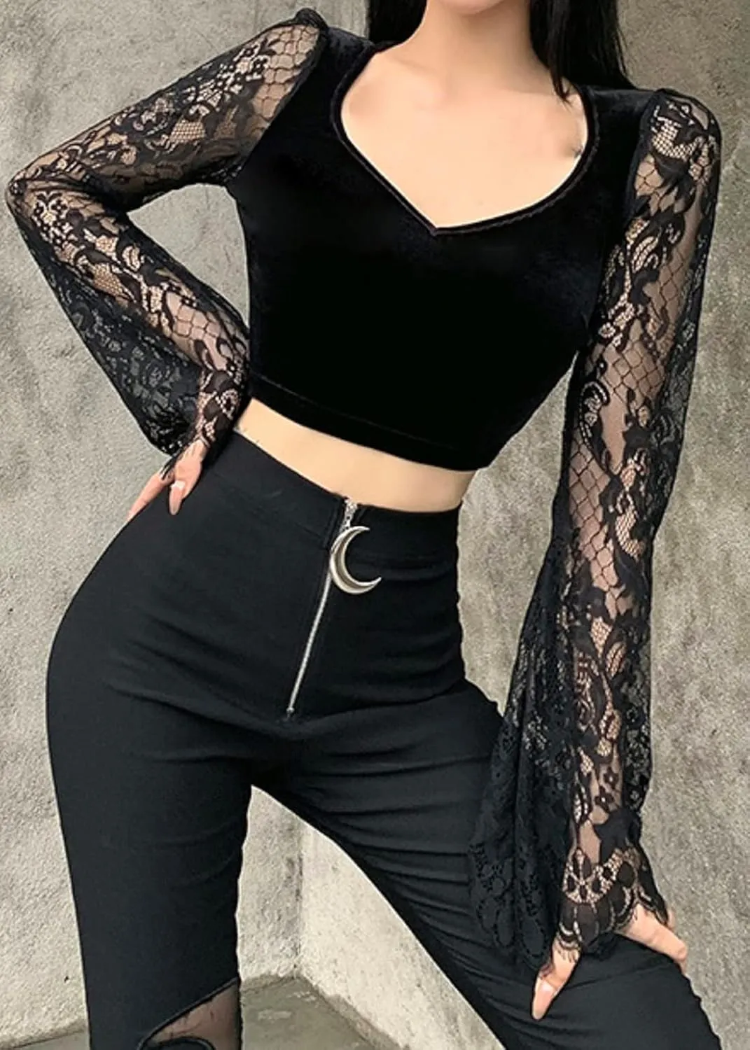 TSMNZMU Womens Gothic Velvet Crop Tops Emo Alt Mall Goth Shirt Punk Harajuku Grunge T Shirt V Neck Lace Long Sleeve Shirt