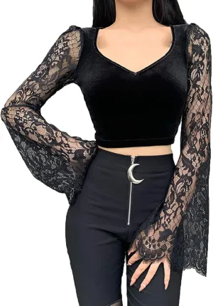 TSMNZMU Womens Gothic Velvet Crop Tops Emo Alt Mall Goth Shirt Punk Harajuku Grunge T Shirt V Neck Lace Long Sleeve Shirt