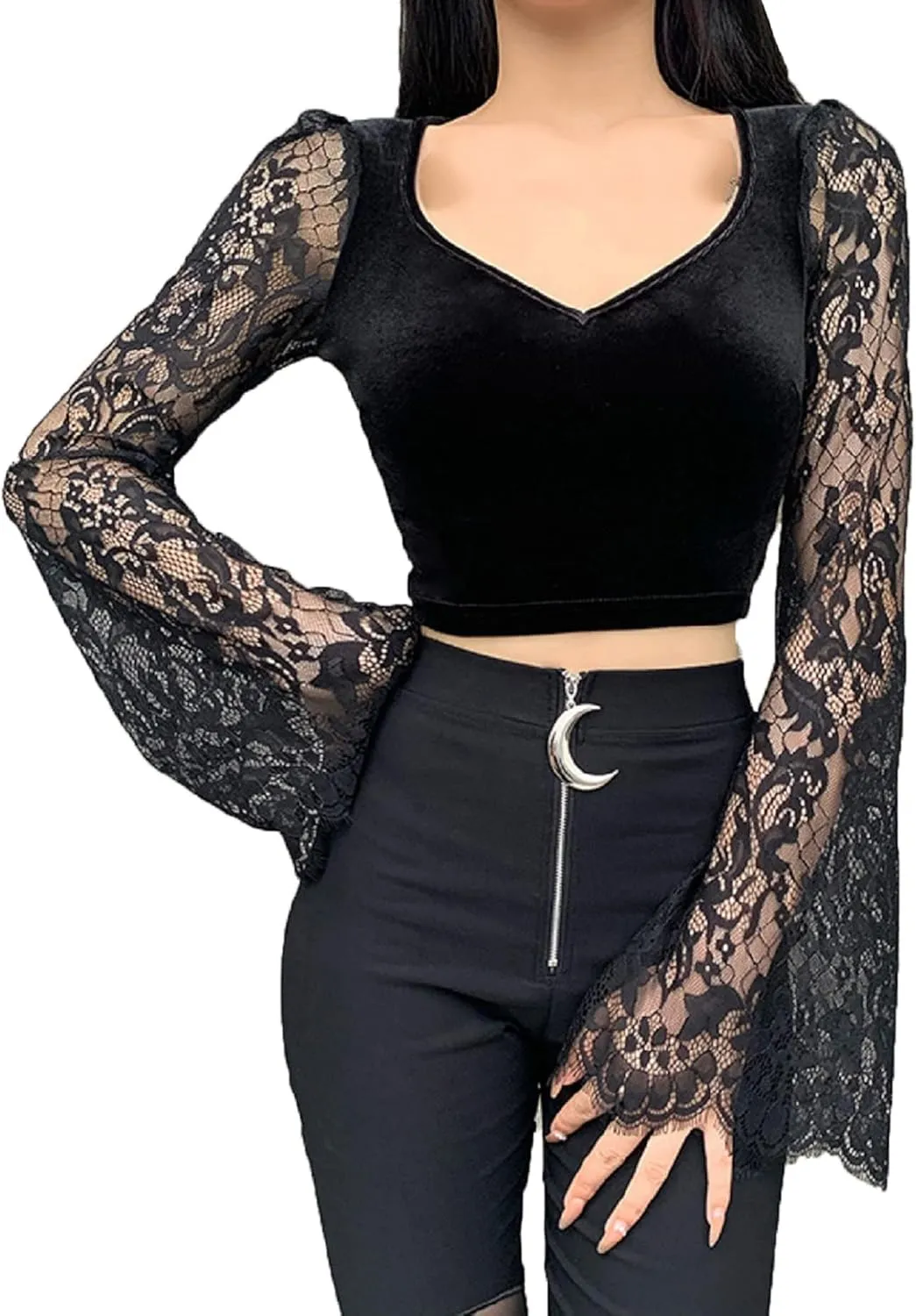 TSMNZMU Womens Gothic Velvet Crop Tops Emo Alt Mall Goth Shirt Punk Harajuku Grunge T Shirt V Neck Lace Long Sleeve Shirt