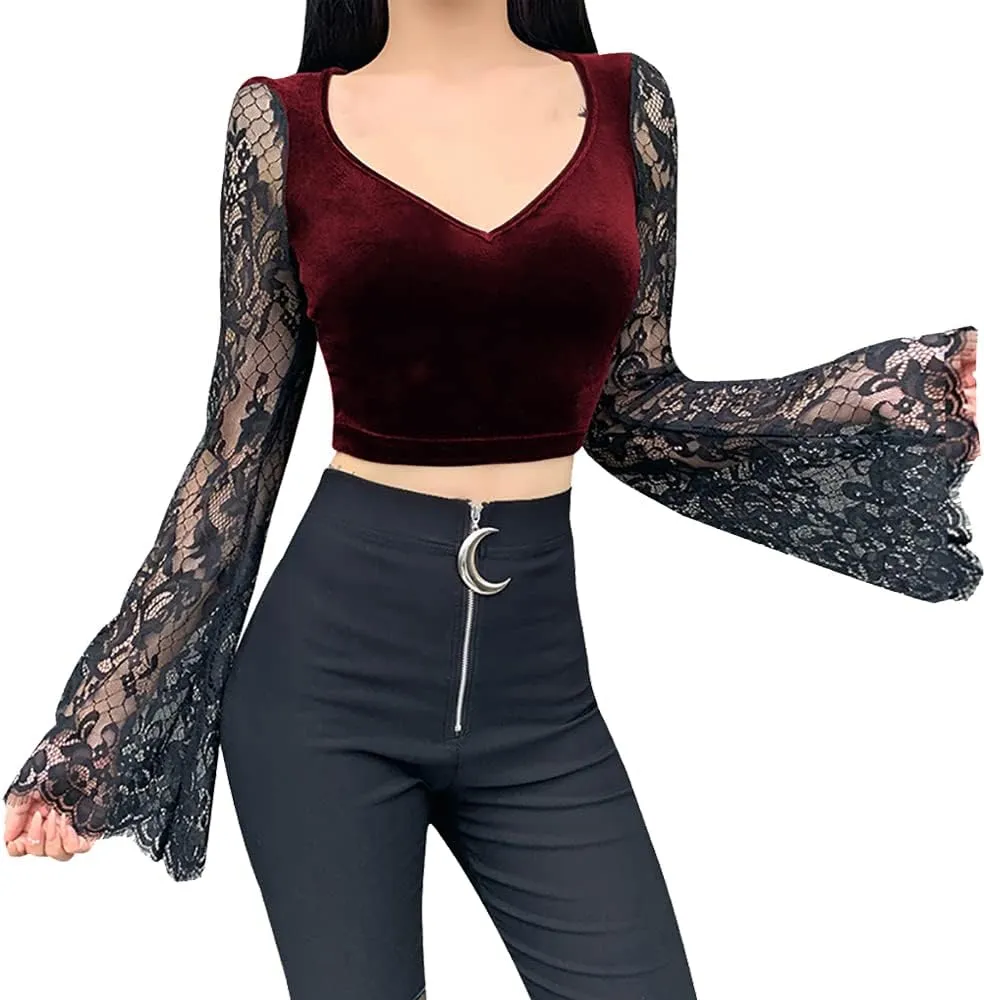 TSMNZMU Womens Gothic Velvet Crop Tops Emo Alt Mall Goth Shirt Punk Harajuku Grunge T Shirt V Neck Lace Long Sleeve Shirt