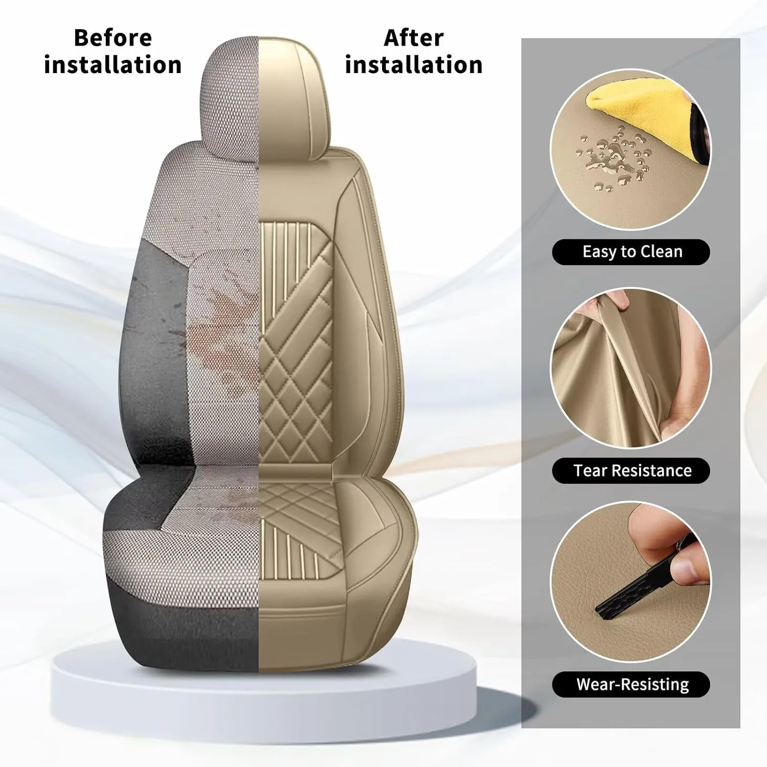 TTX LIGHTING 2PCS Car Seat Covers Fit for Jeep Wrangler 2007-2024 2025 Front Seat Covers Waterproof Faux Leather Automotive Seat Protectors Cushions with Airbag Compatible(2 Front Seat,Beige)