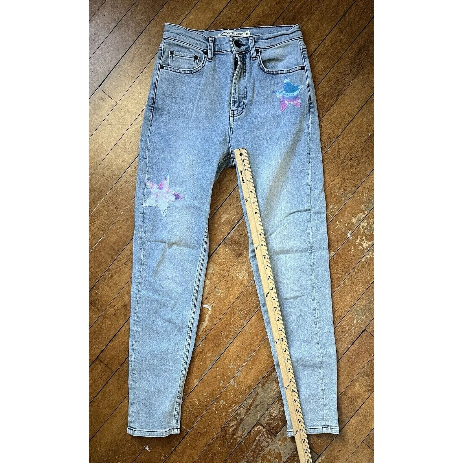 Unemployed Denim Women’s Light Wash Pastel Patchwork Stars Jeans – Size 26