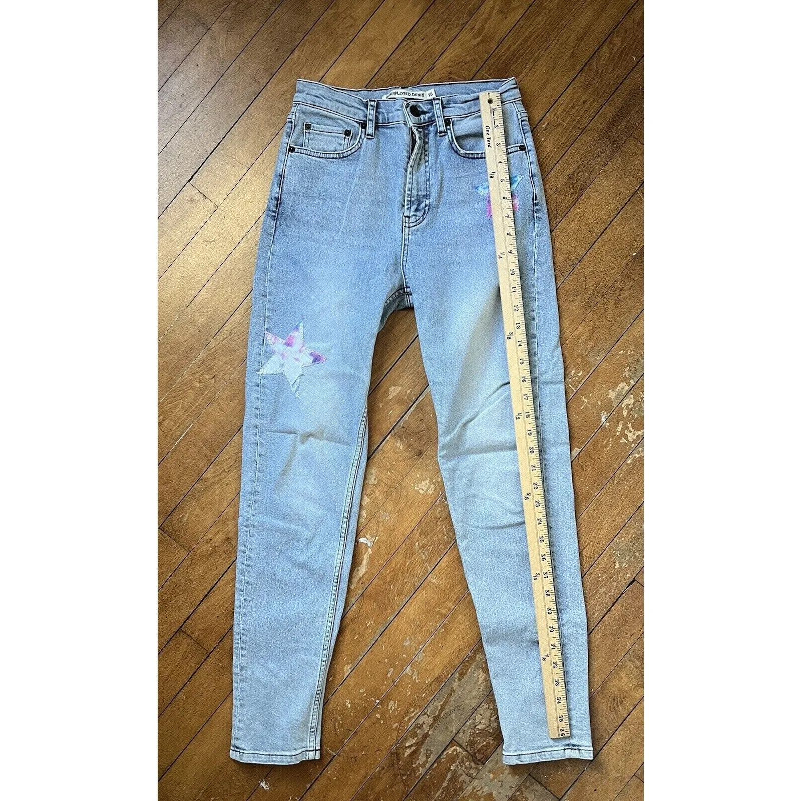 Unemployed Denim Women’s Light Wash Pastel Patchwork Stars Jeans – Size 26