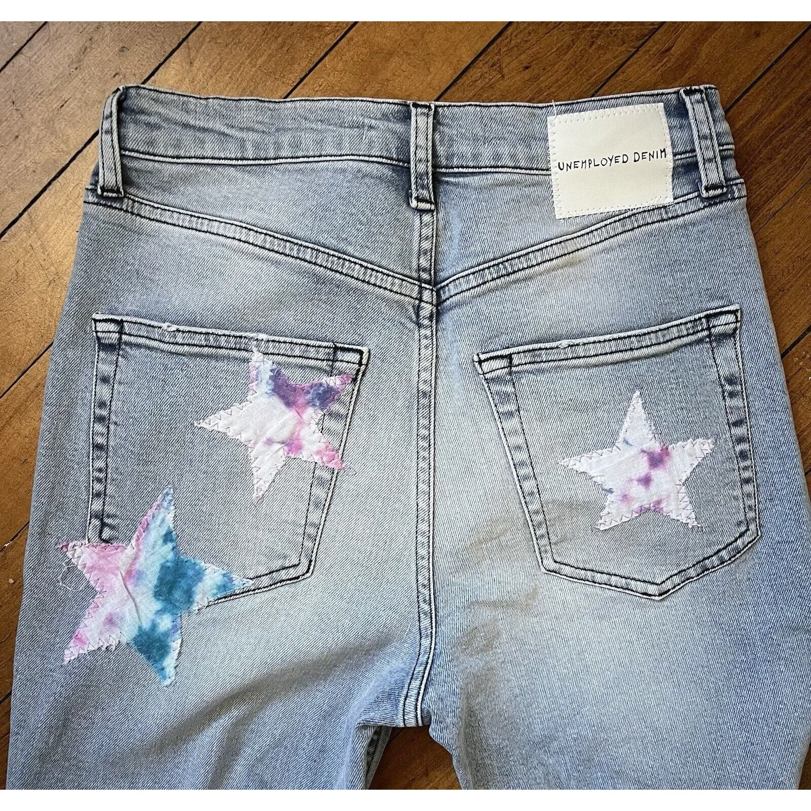 Unemployed Denim Women’s Light Wash Pastel Patchwork Stars Jeans – Size 26