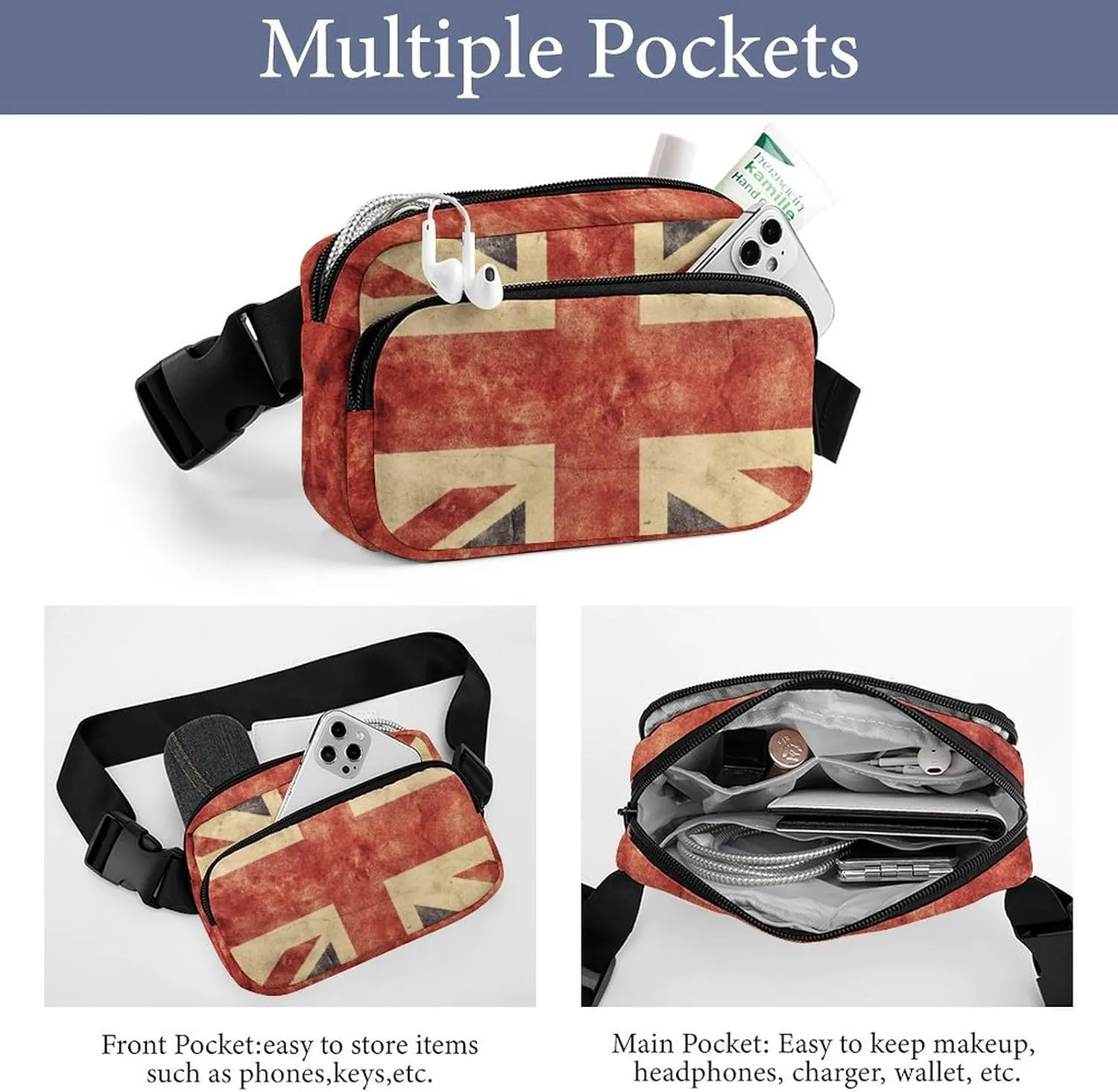 United Kingdom Flags Belt Bag Fanny Pack for Women Men London Crossbody Waist Bag Pack Adjustable Casual Bag for Travel Running Workout Cycling