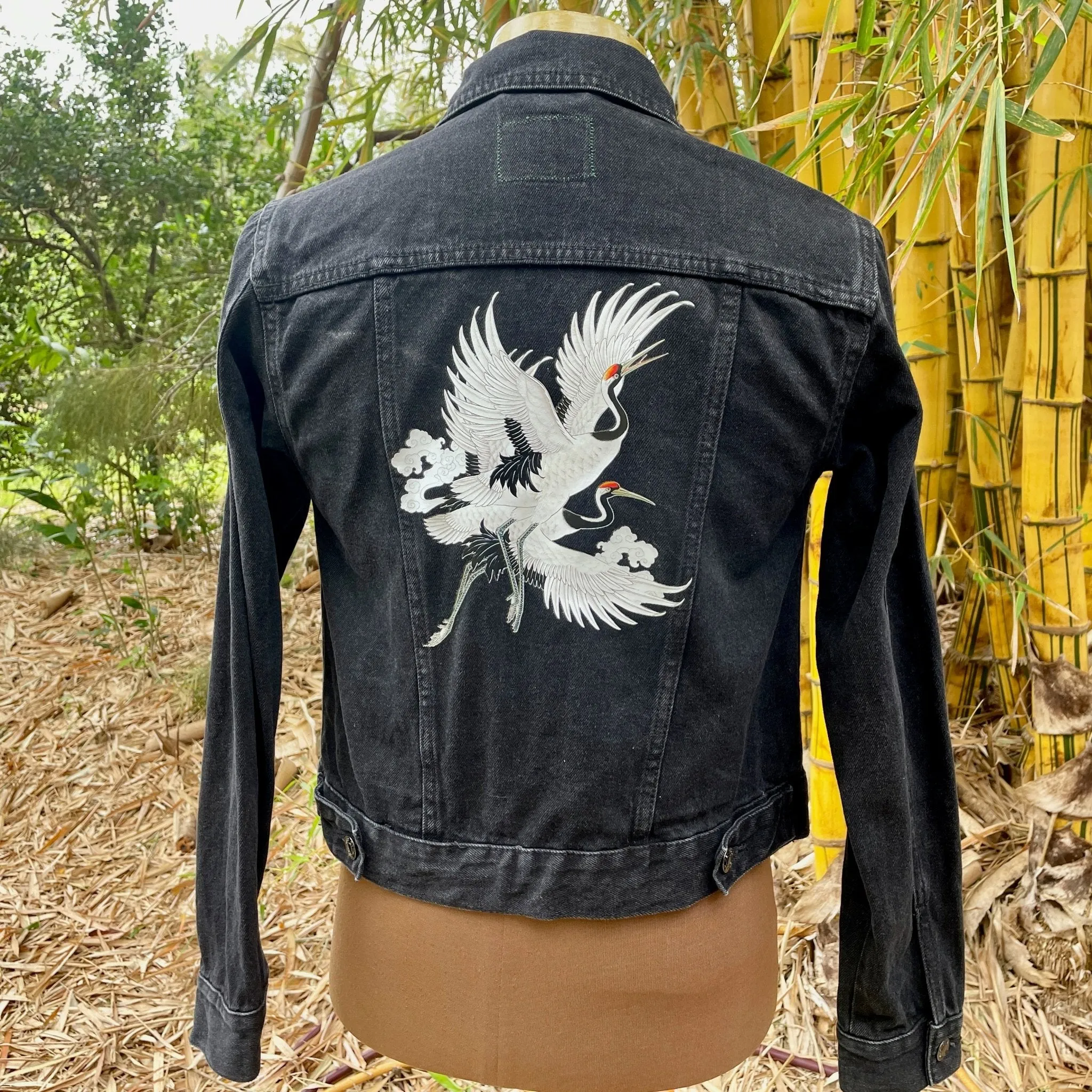 Upcycled Black Vintage Denim Jacket Cranes Immortal Kraft Sz XS - OOAK