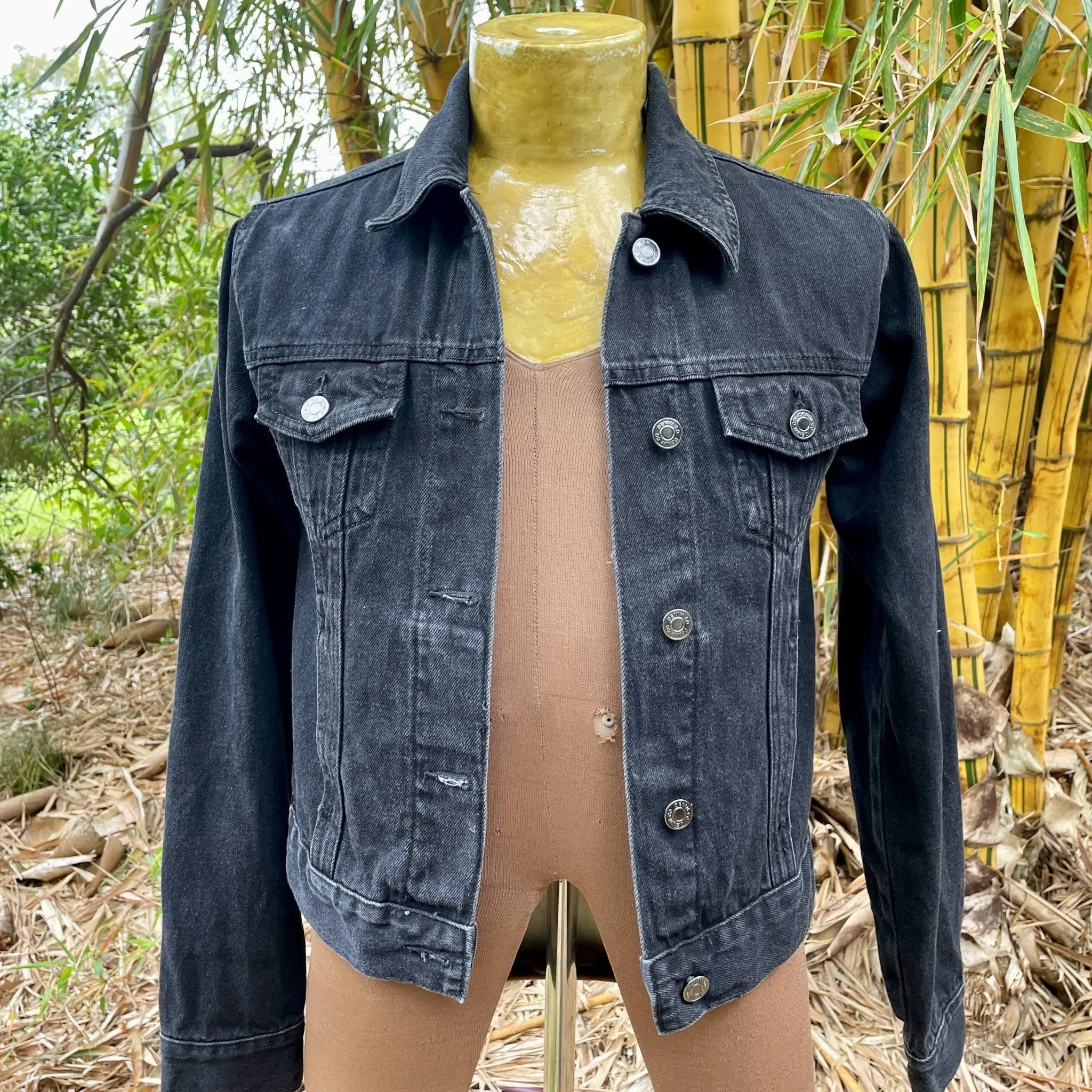 Upcycled Black Vintage Denim Jacket Cranes Immortal Kraft Sz XS - OOAK