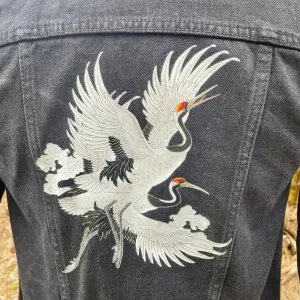 Upcycled Black Vintage Denim Jacket Cranes Immortal Kraft Sz XS - OOAK