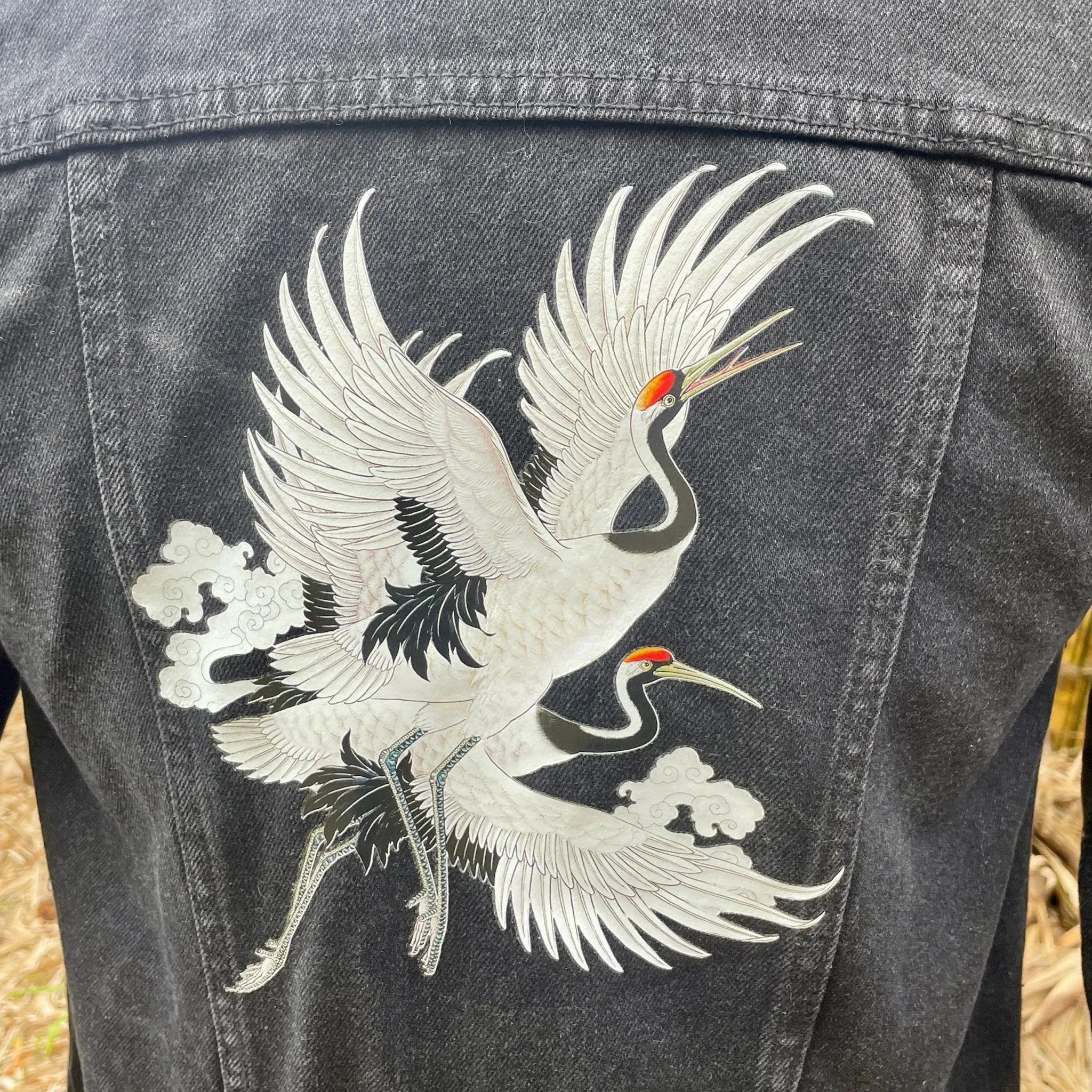 Upcycled Black Vintage Denim Jacket Cranes Immortal Kraft Sz XS - OOAK