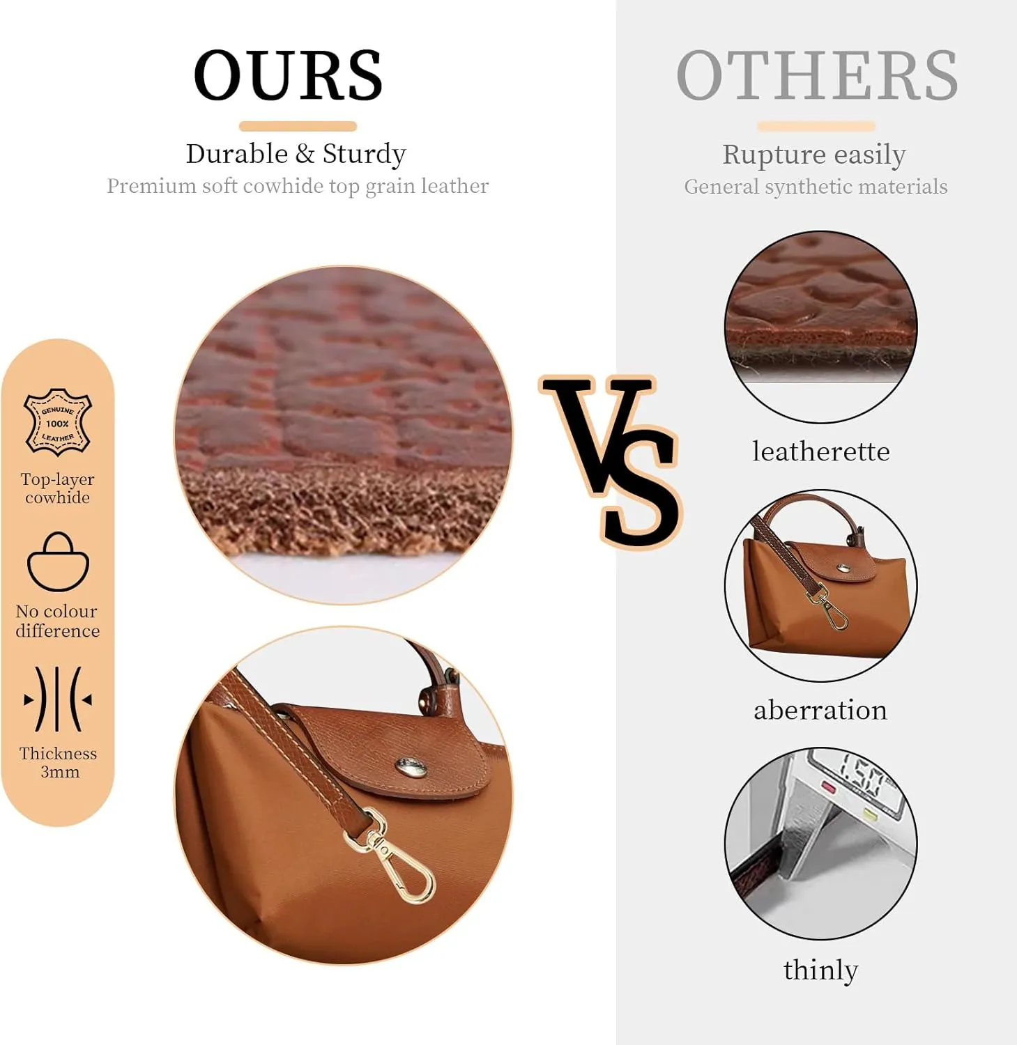 Upgraded Leather Purse Straps for Longchamp Mini Bag Conversion Kit, Bag Shoulder Strap Replacement Crossbody