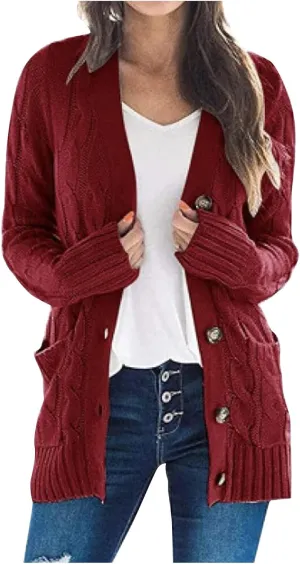 UQRZAU Womens Patchwork Cardigan Long Sleeve Open Front Knit Button Down Sweaters Coat Pockets S, 5XL