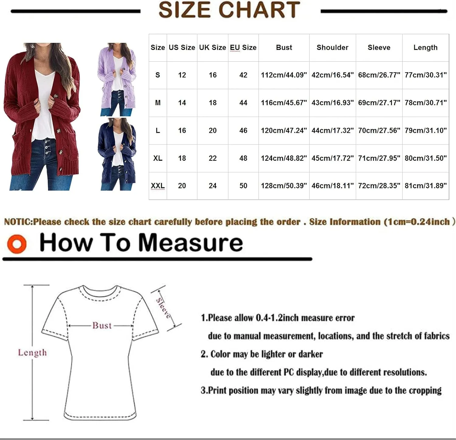 UQRZAU Womens Patchwork Cardigan Long Sleeve Open Front Knit Button Down Sweaters Coat Pockets S, 5XL