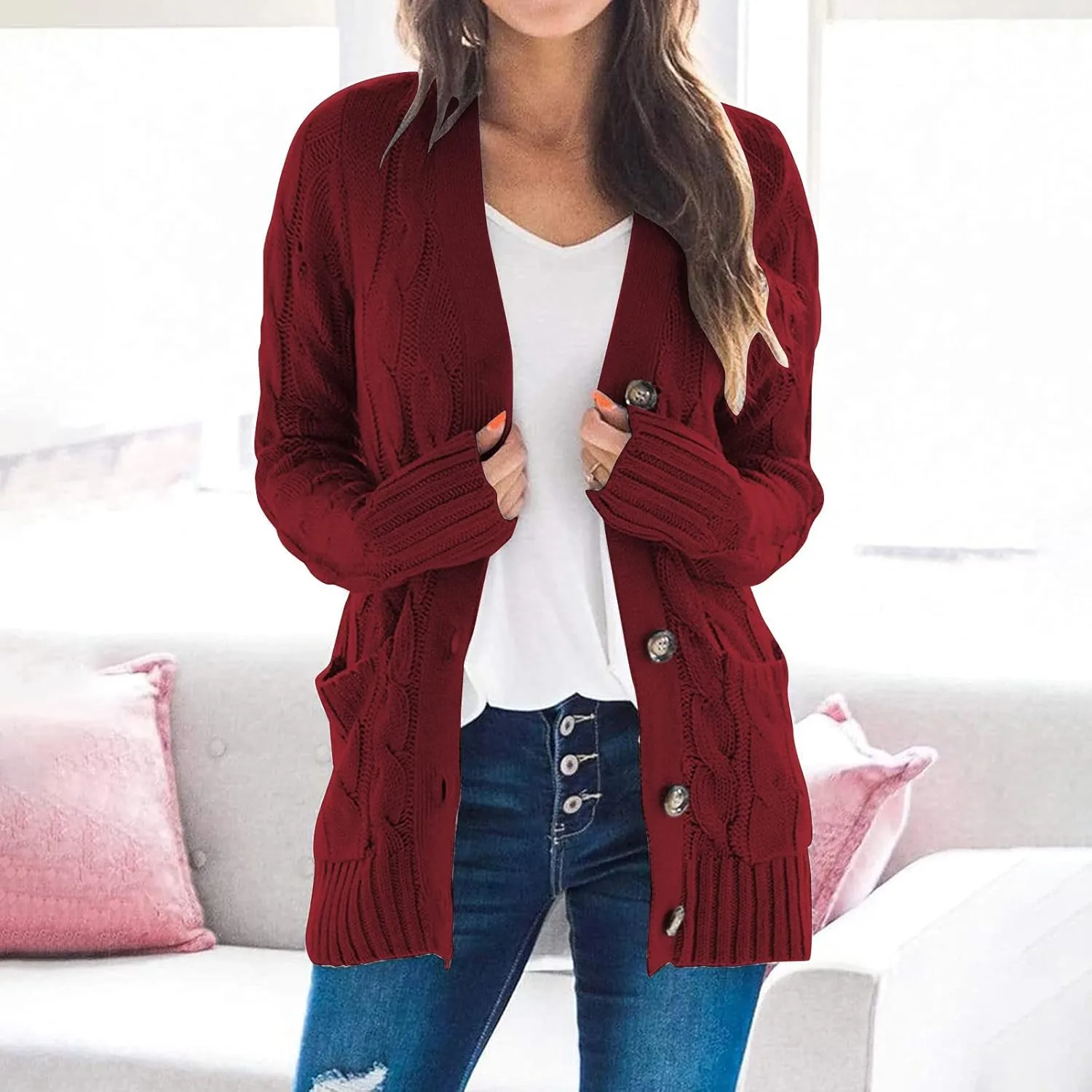 UQRZAU Womens Patchwork Cardigan Long Sleeve Open Front Knit Button Down Sweaters Coat Pockets S, 5XL