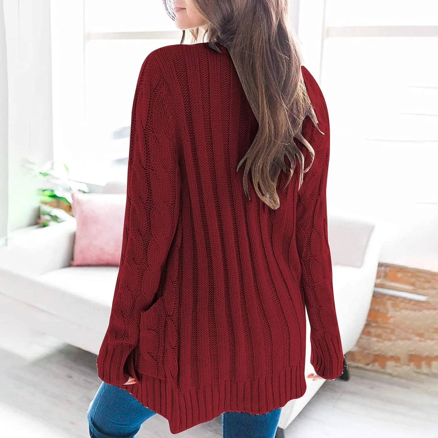 UQRZAU Womens Patchwork Cardigan Long Sleeve Open Front Knit Button Down Sweaters Coat Pockets S, 5XL