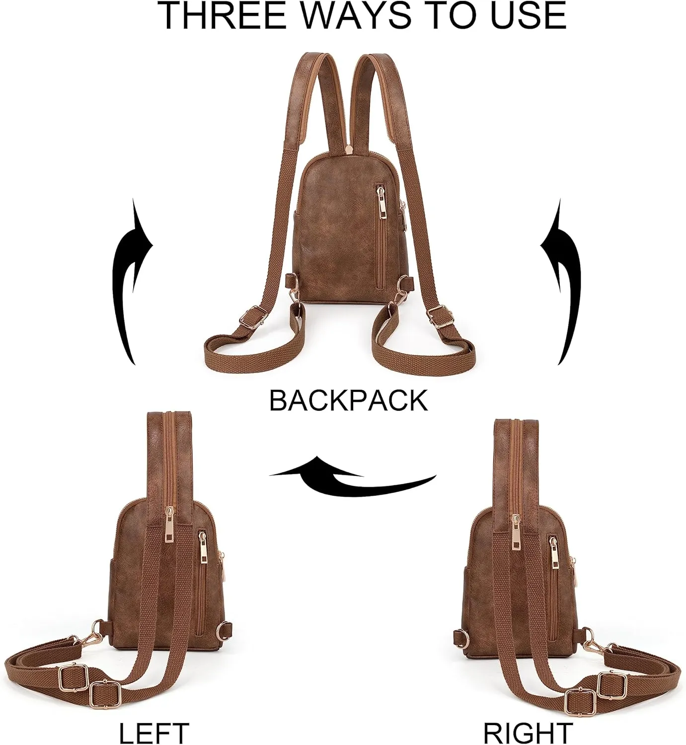 UTO Sling Bag for Women Crossbody Trendy Chest Belt Bag Convertible Backpack Purse with Wide Shoulder Zip Straps