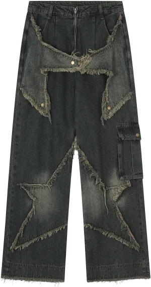 Vamtac Distressed Effect Patchwork Star Denim Jeans Baggy Harajuku Hip Hop Pants Streetwear Baggy Vintage Trousers