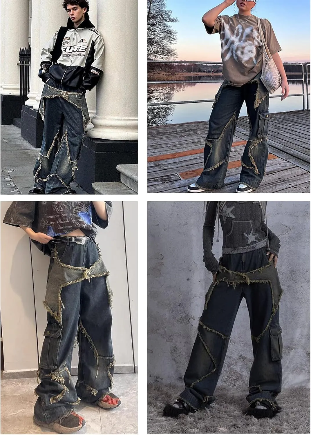 Vamtac Distressed Effect Patchwork Star Denim Jeans Baggy Harajuku Hip Hop Pants Streetwear Baggy Vintage Trousers