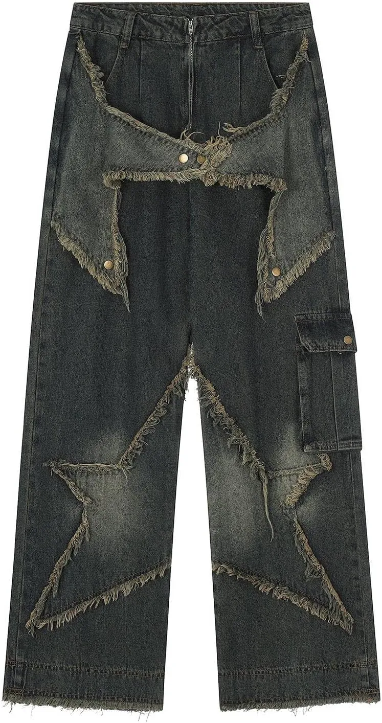 Vamtac Distressed Effect Patchwork Star Denim Jeans Baggy Harajuku Hip Hop Pants Streetwear Baggy Vintage Trousers