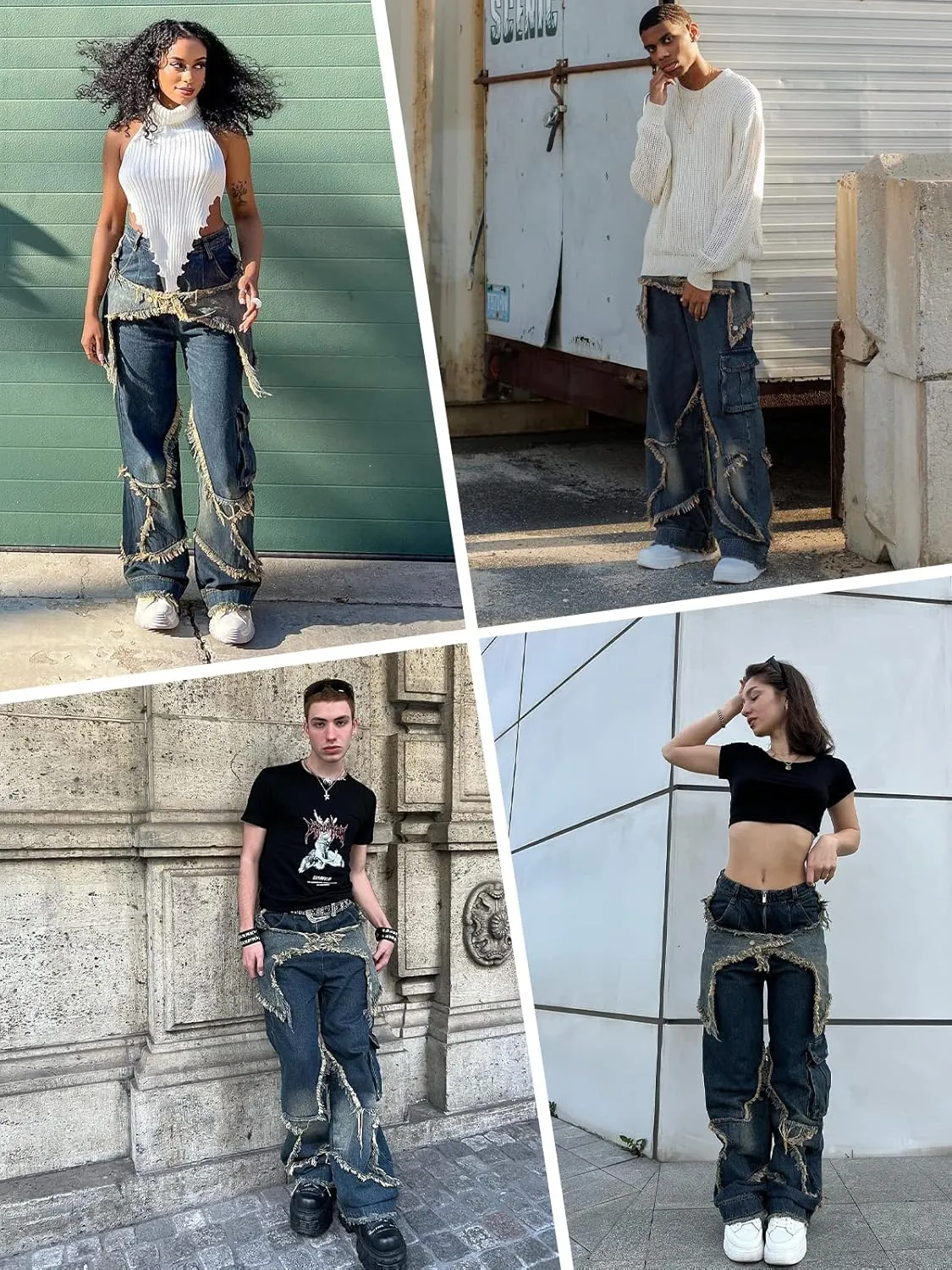 Vamtac Distressed Effect Patchwork Star Denim Jeans Baggy Harajuku Hip Hop Pants Streetwear Baggy Vintage Trousers