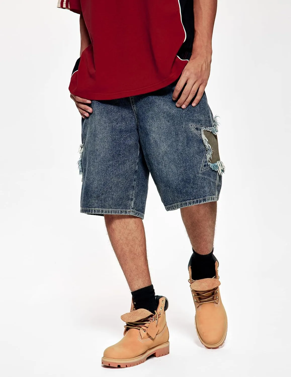Vamtac Mens Star Patchwork Denim Shorts Mid Rise Casual Loose Summer Streetwear Unisex Jeans Jorts