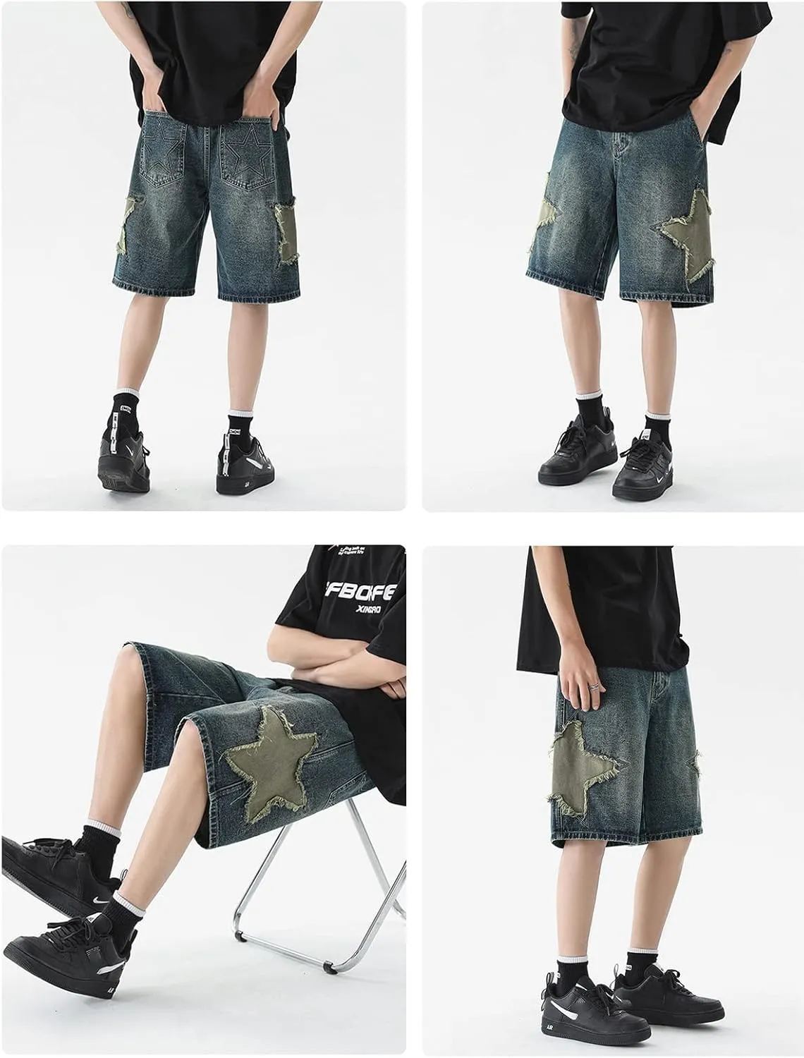 Vamtac Mens Star Patchwork Denim Shorts Mid Rise Casual Loose Summer Streetwear Unisex Jeans Jorts