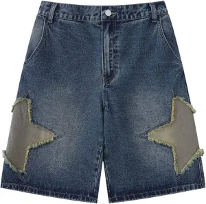 Vamtac Mens Star Patchwork Denim Shorts Mid Rise Casual Loose Summer Streetwear Unisex Jeans Jorts