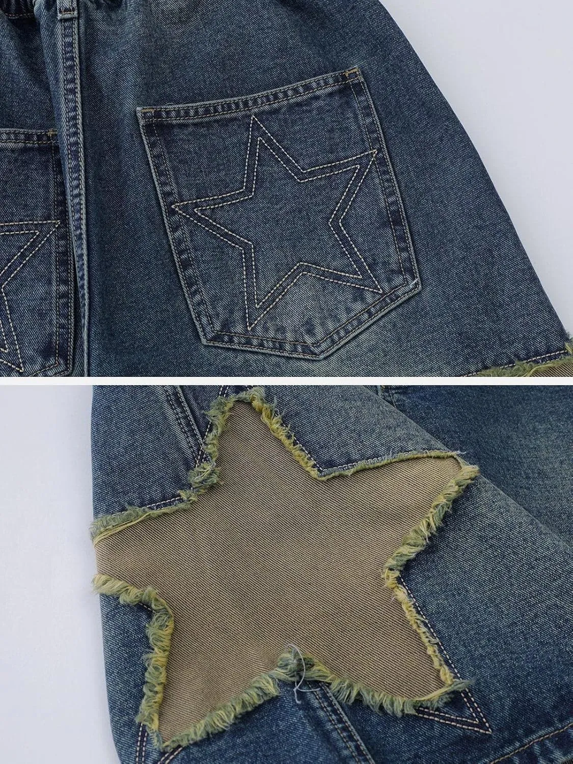 Vamtac Mens Star Patchwork Denim Shorts Mid Rise Casual Loose Summer Streetwear Unisex Jeans Jorts