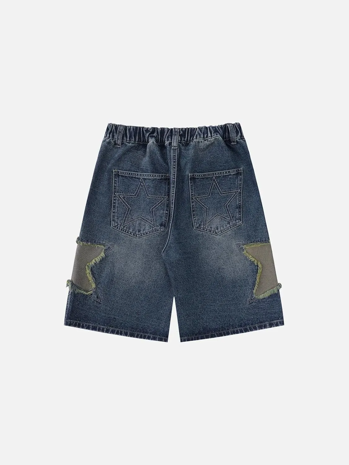 Vamtac Mens Star Patchwork Denim Shorts Mid Rise Casual Loose Summer Streetwear Unisex Jeans Jorts